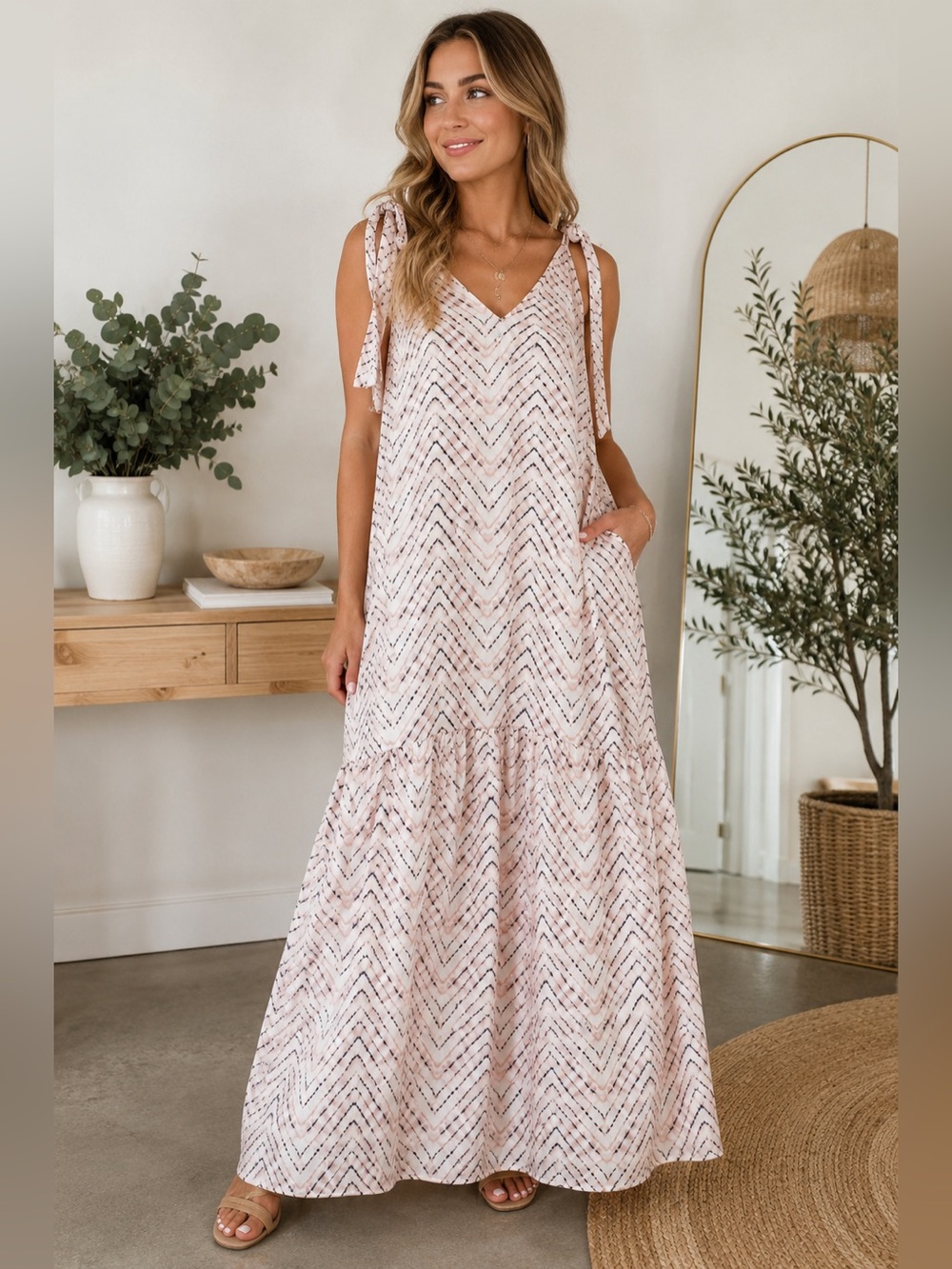 Banana Republic NWT Tie Shoulder Maxi Dress Medium Pink Chevron Tiered $99